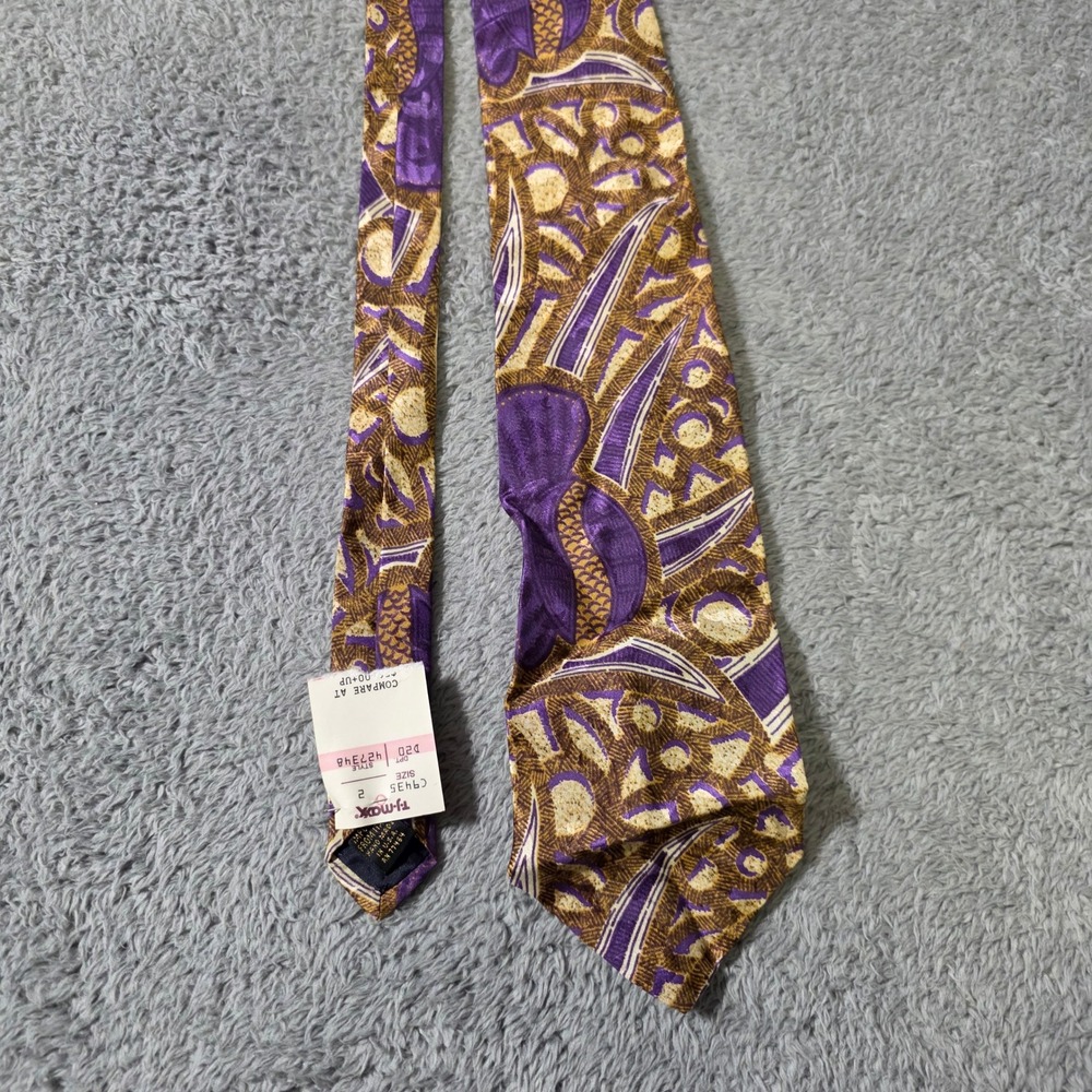 Anne Klein Mens OS Necktie Purple Gold Abstract Geometric Italian Silk Hand Made